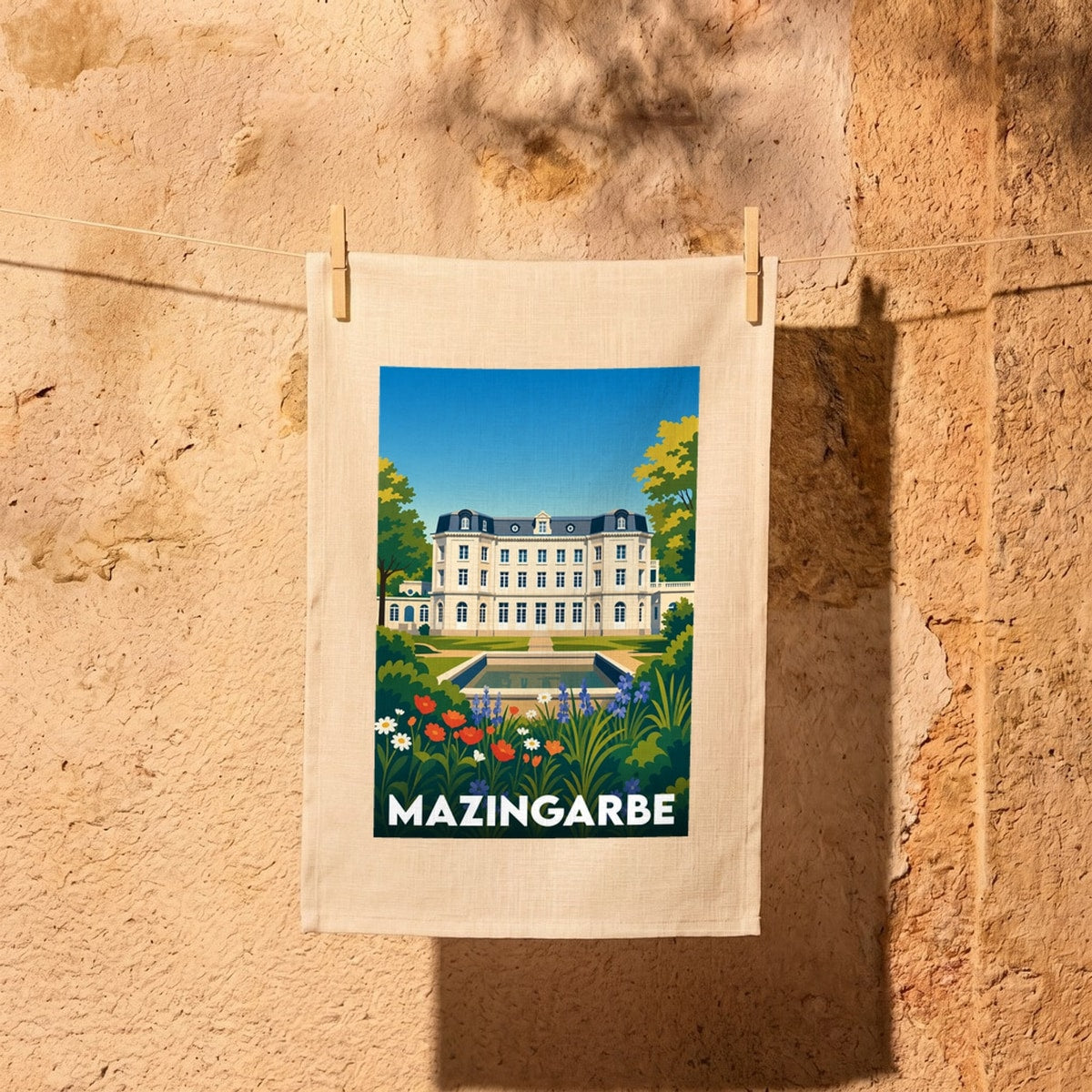 Torchon souvenir de la ville de Mazingarbe illustré d'une vue stylisée de son château dans un parc arboré.