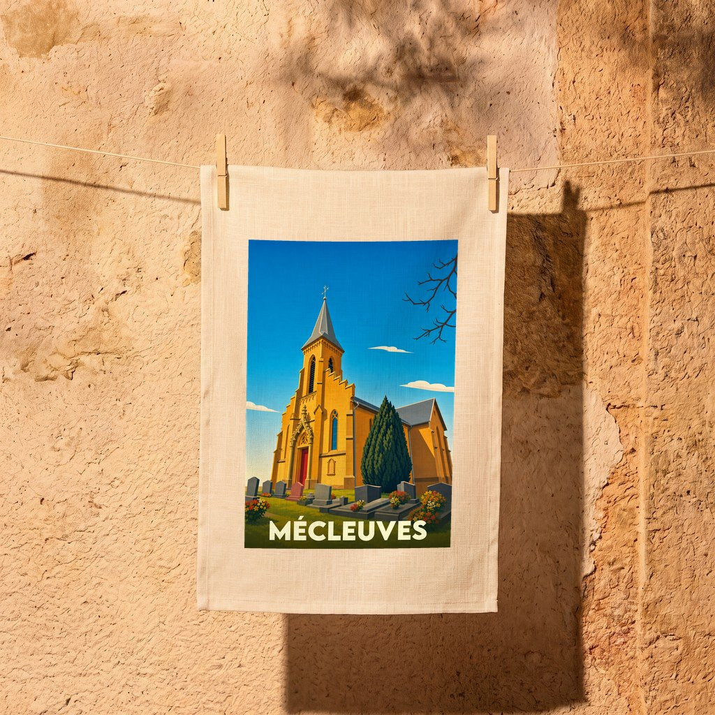 Torchon souvenir de la ville de Mécleuves illustré d'une église et d'un cimetière dans un style rétro.