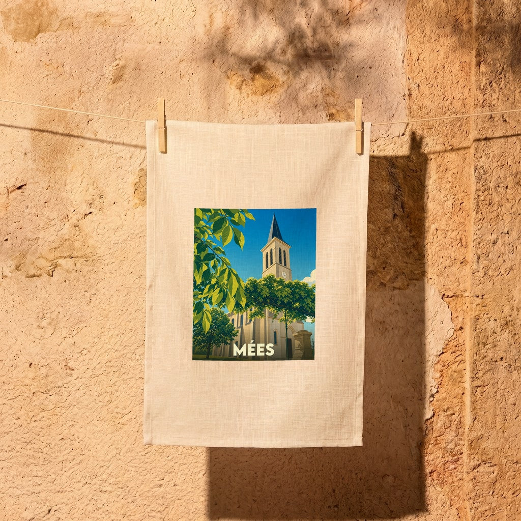 Torchon souvenir de la ville de Mées avec une illustration stylisée de son église.