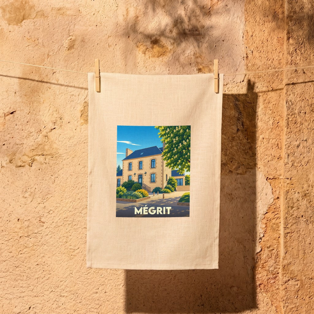 Torchon souvenir de la ville de Mégrit avec une illustration stylisée d'une maison traditionnelle bretonne.