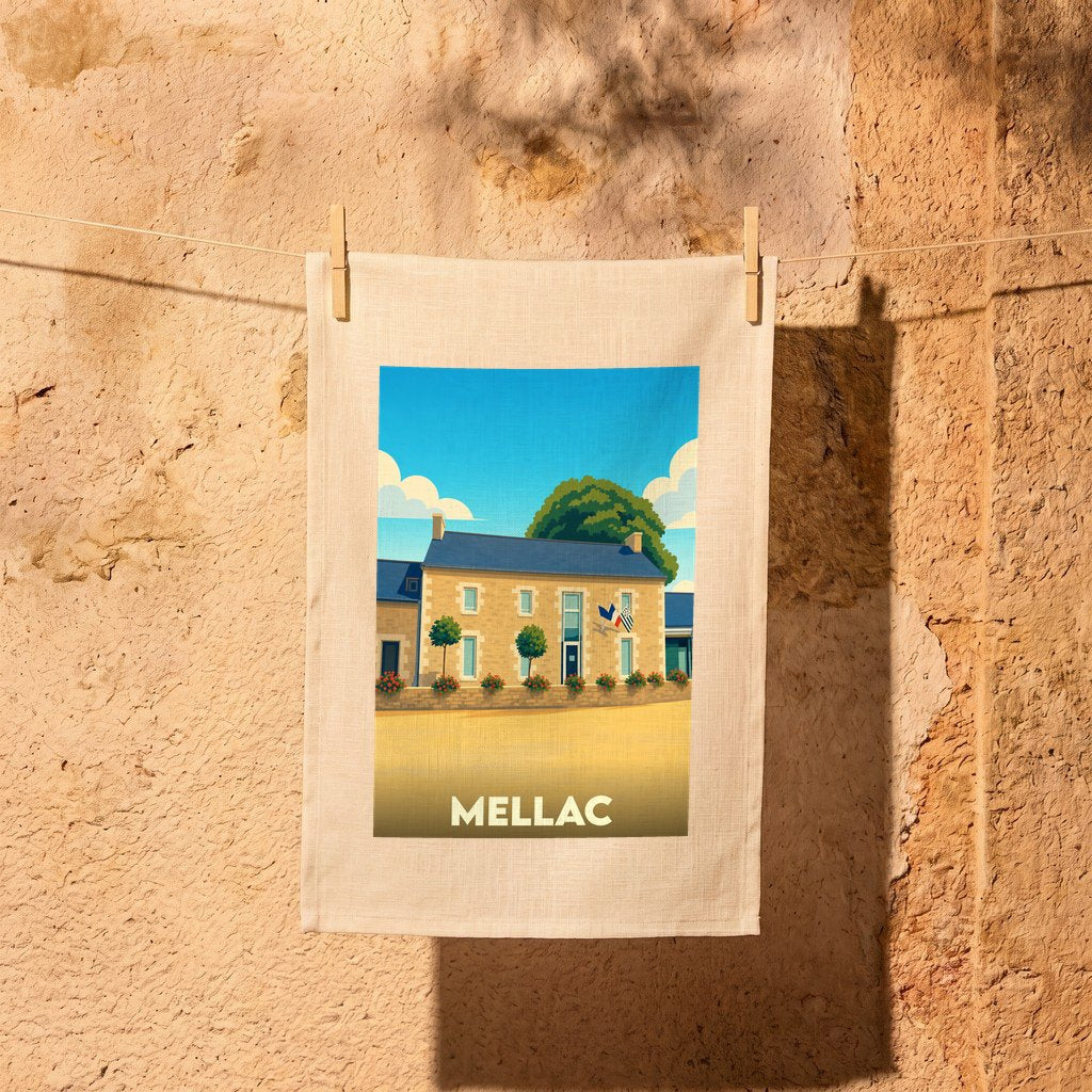 Torchon souvenir de la ville de Mellac avec une illustration stylisée.