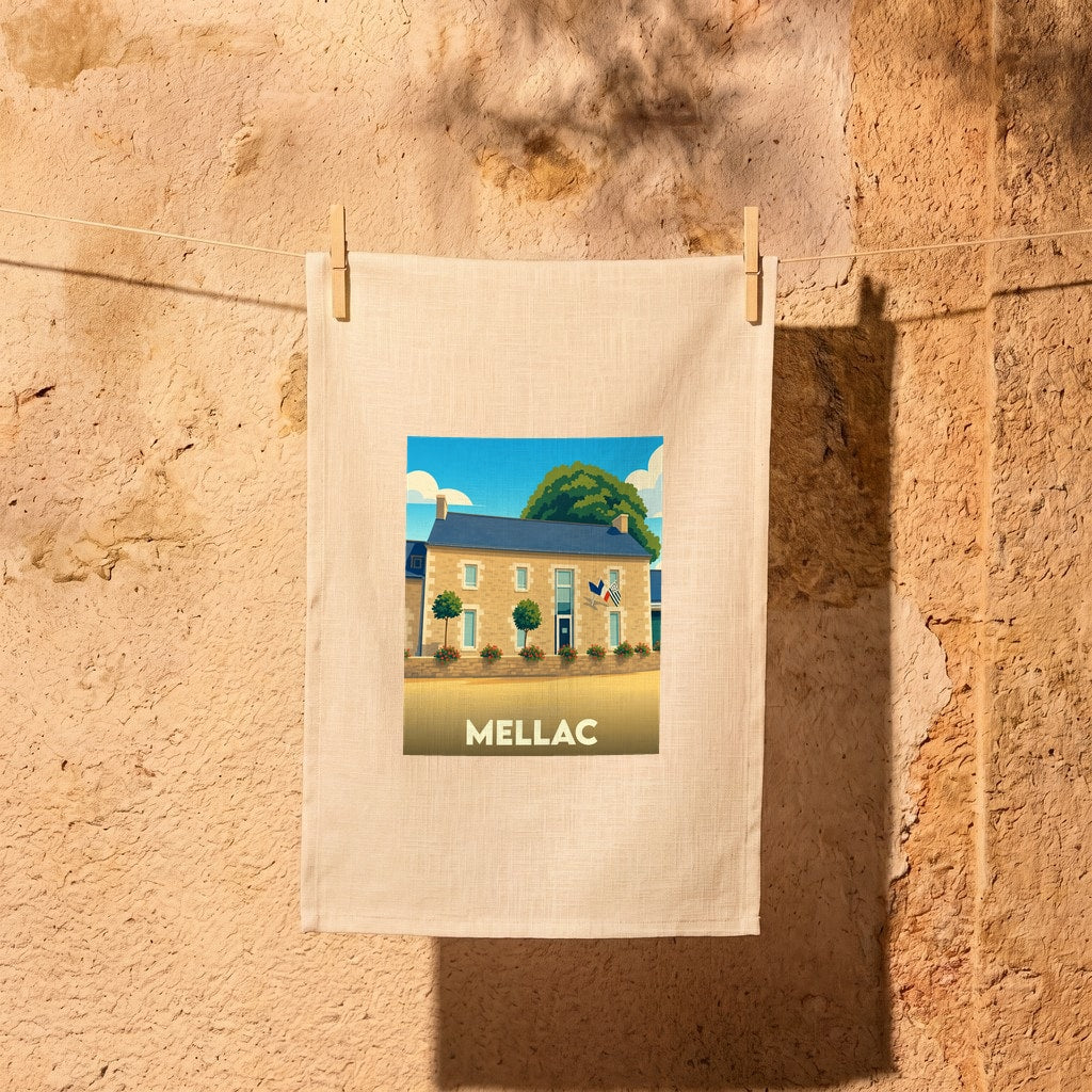 Torchon souvenir de la ville de Mellac avec une illustration stylisée.