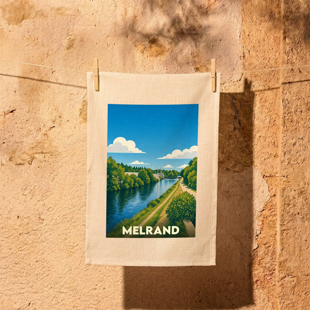 Torchon souvenir de la ville de Melrand avec une illustration stylisée d'un paysage de rivière.