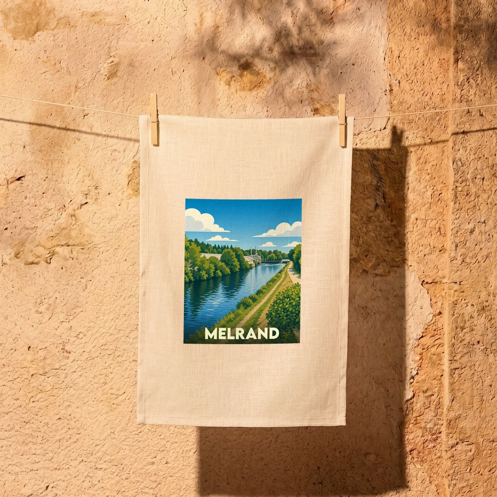 Torchon souvenir de la ville de Melrand avec une illustration stylisée d'un paysage de rivière.