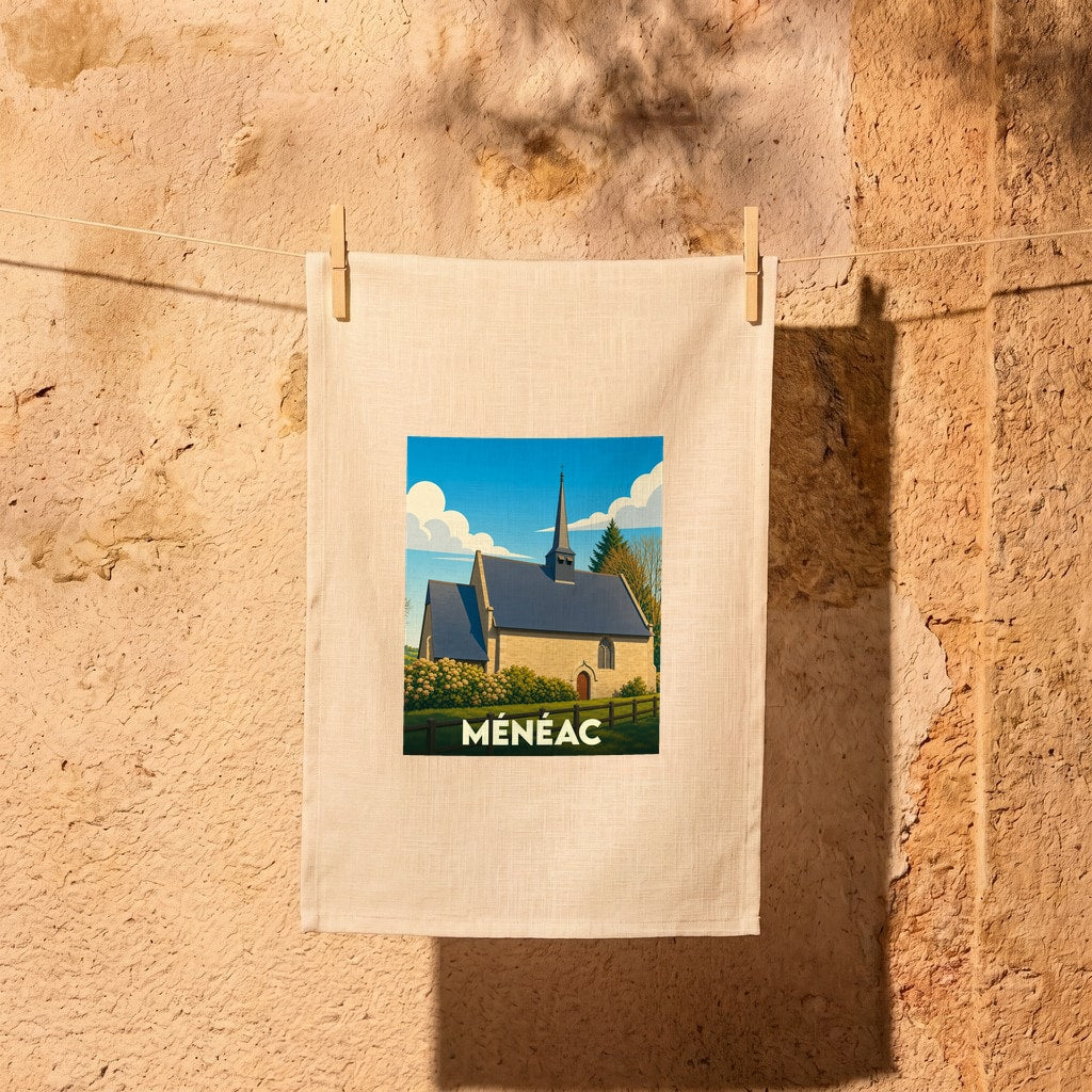 Torchon souvenir de la ville de Ménéac illustré d'une chapelle stylisée sous un ciel bleu.
