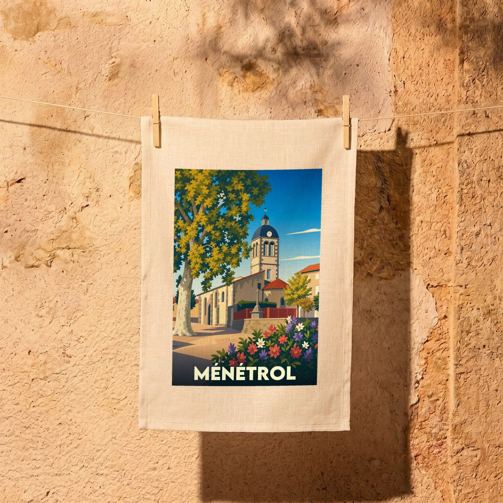 Torchon souvenir de la ville de Ménétrol avec une illustration stylisée.