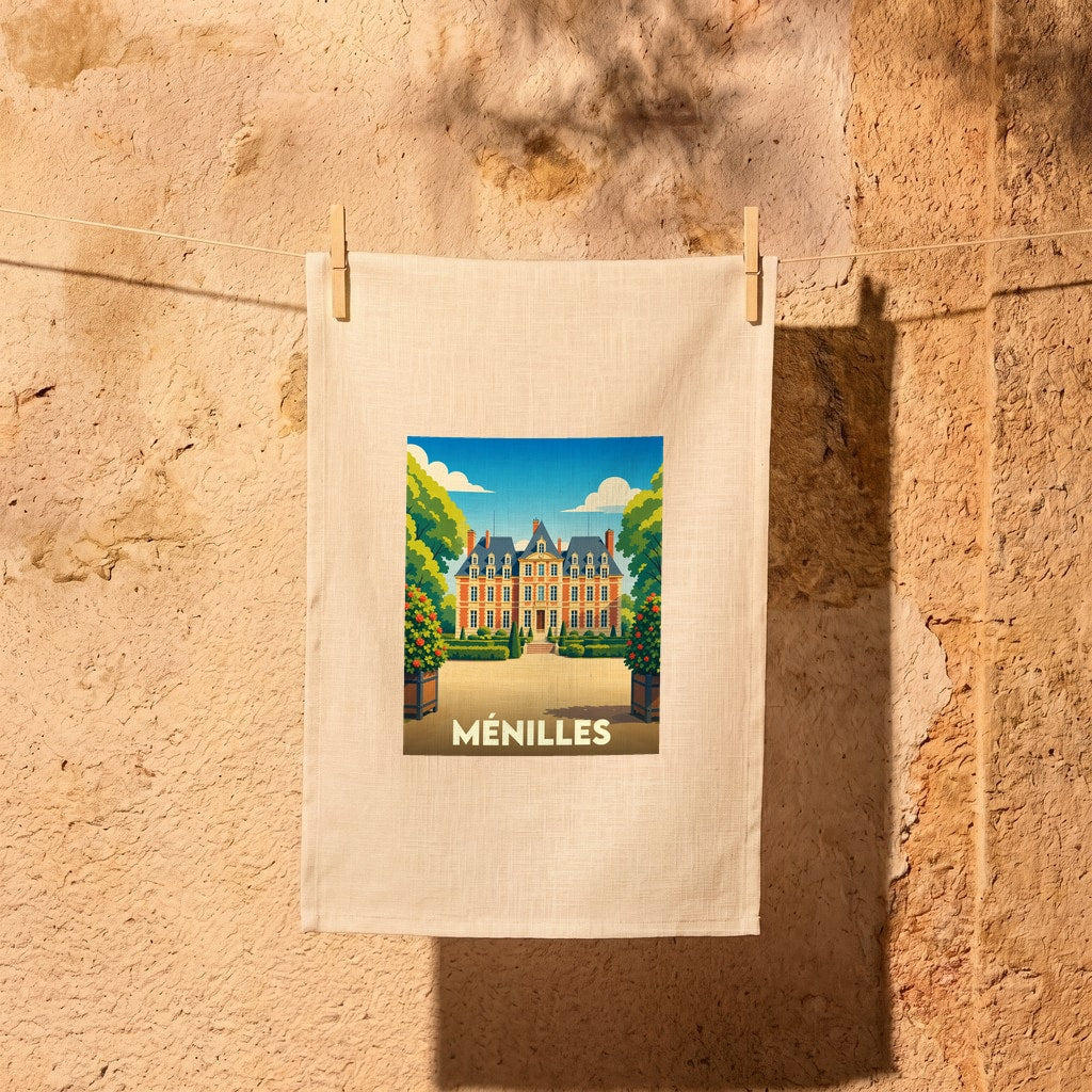 Torchon souvenir de la ville de Ménilles avec une illustration stylisée d'un château.