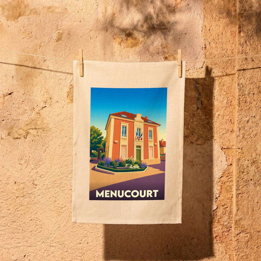 Torchon souvenir de la ville de Menucourt avec une illustration stylisée de sa mairie sur un fond ensoleillé.