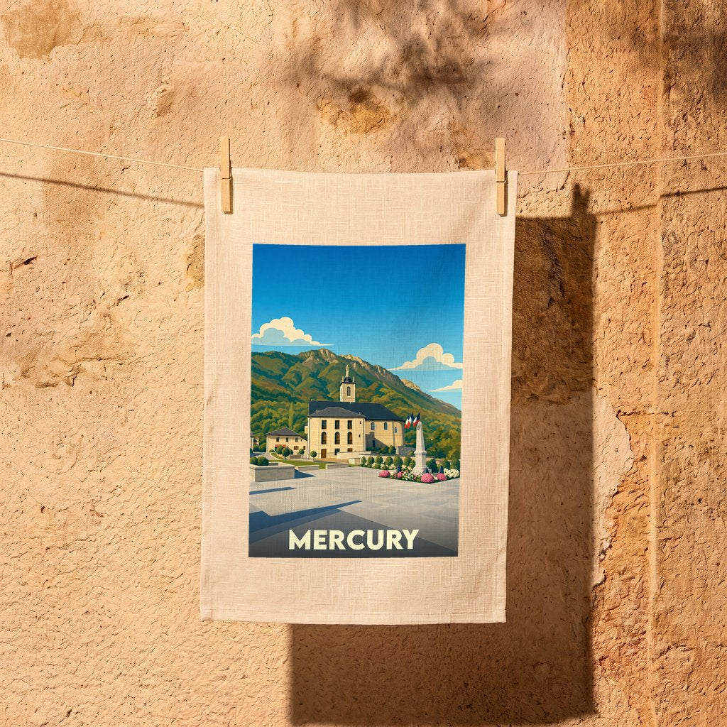 Torchon souvenir de la ville de Mercury avec une illustration stylisée de son église et des montagnes environnantes.