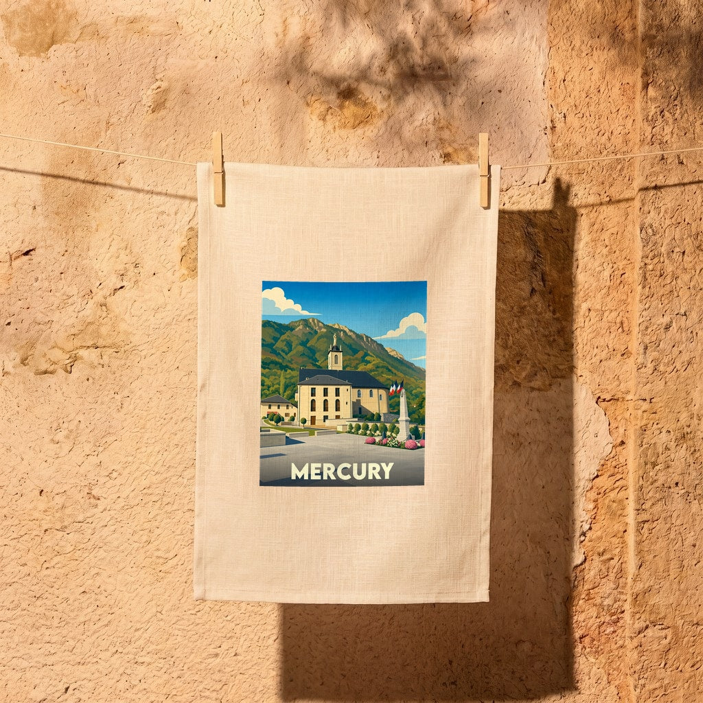 Torchon souvenir de la ville de Mercury avec une illustration stylisée de son église et des montagnes environnantes.