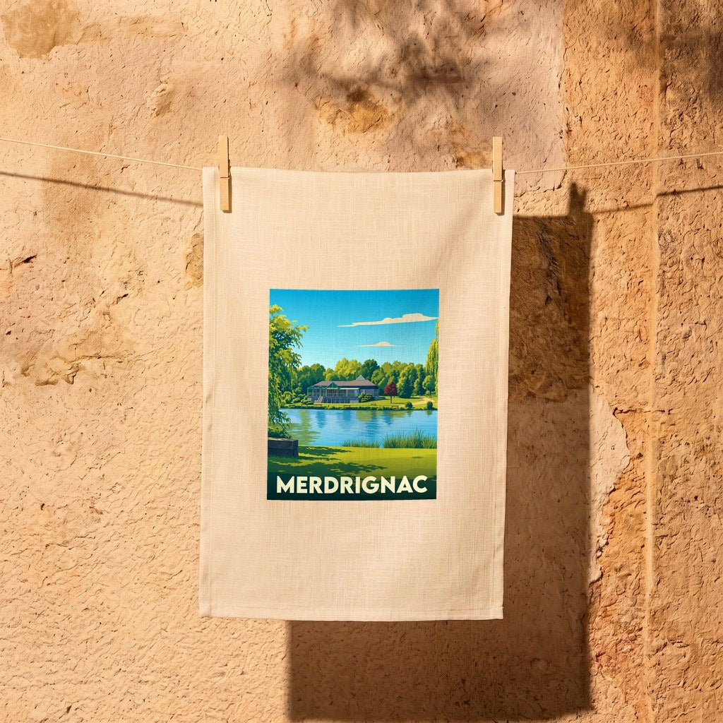 Torchon souvenir de la ville de Merdrignac avec une illustration stylisée d'un paysage de bord de lac.