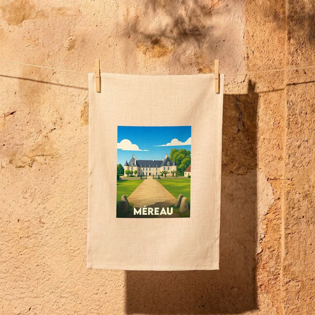 Torchon souvenir de la ville de Méreau avec une illustration stylisée de son château.