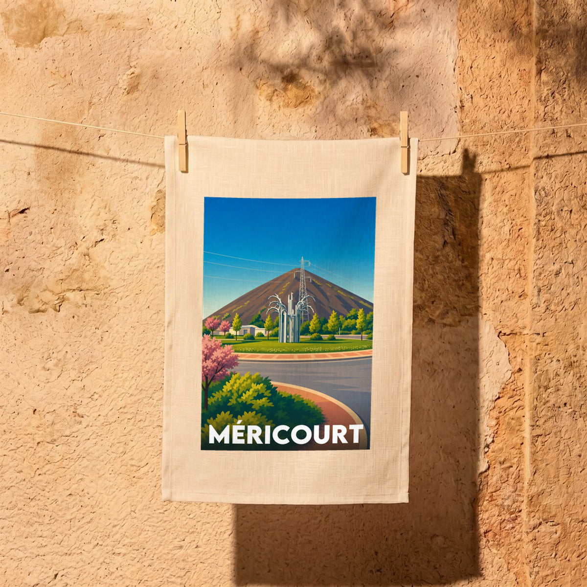 Torchon souvenir de la ville de Méricourt illustrant un terril et une sculpture stylisée dans un paysage coloré.