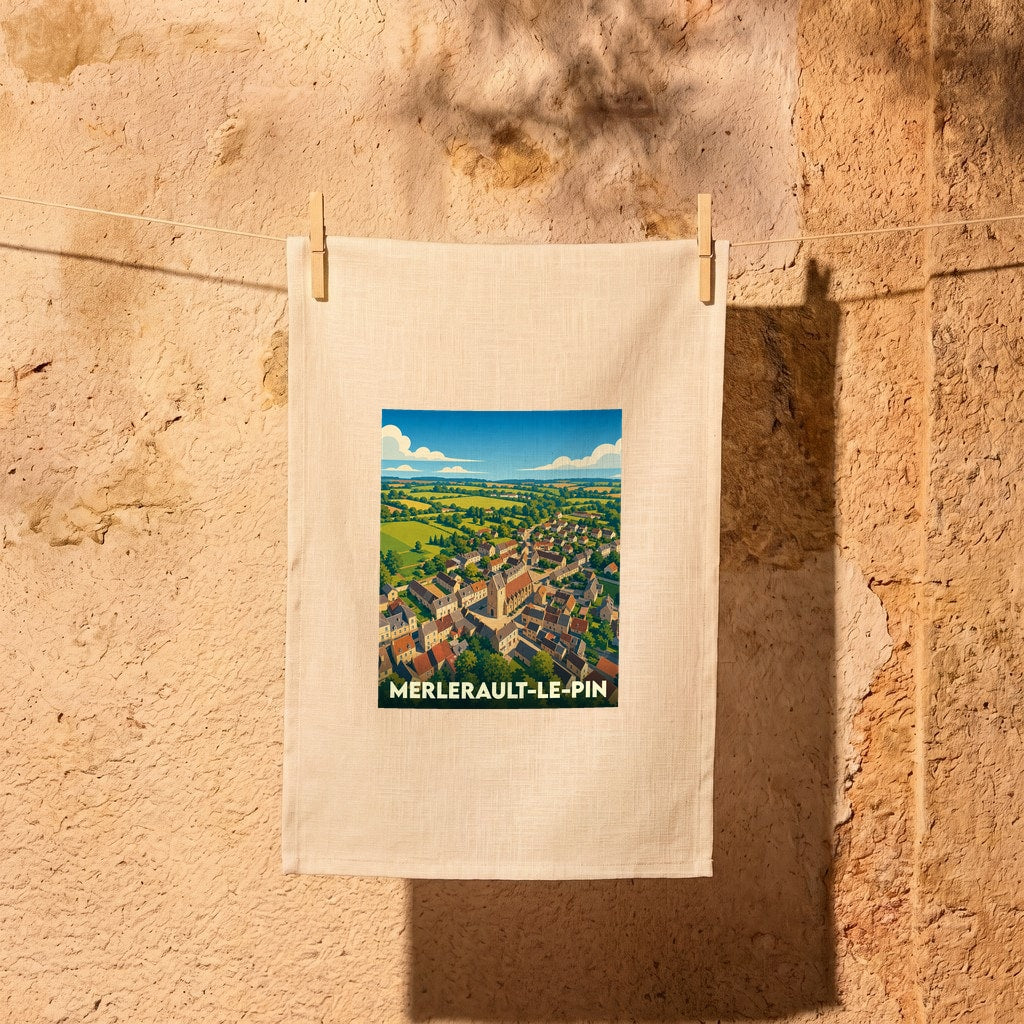 Torchon souvenir de la ville de Merlerault-le-Pin avec une illustration stylisée.