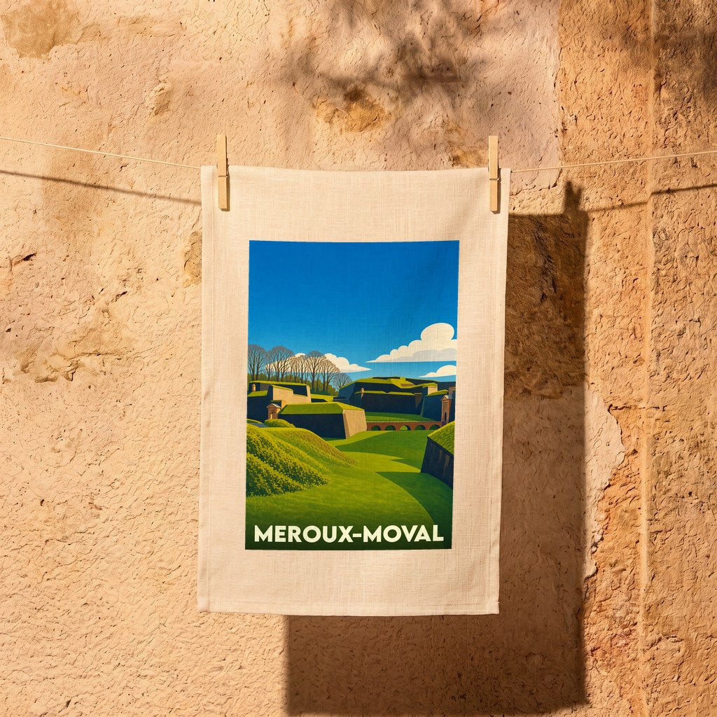 Torchon souvenir de la ville de Meroux-Moval avec une illustration stylisée.