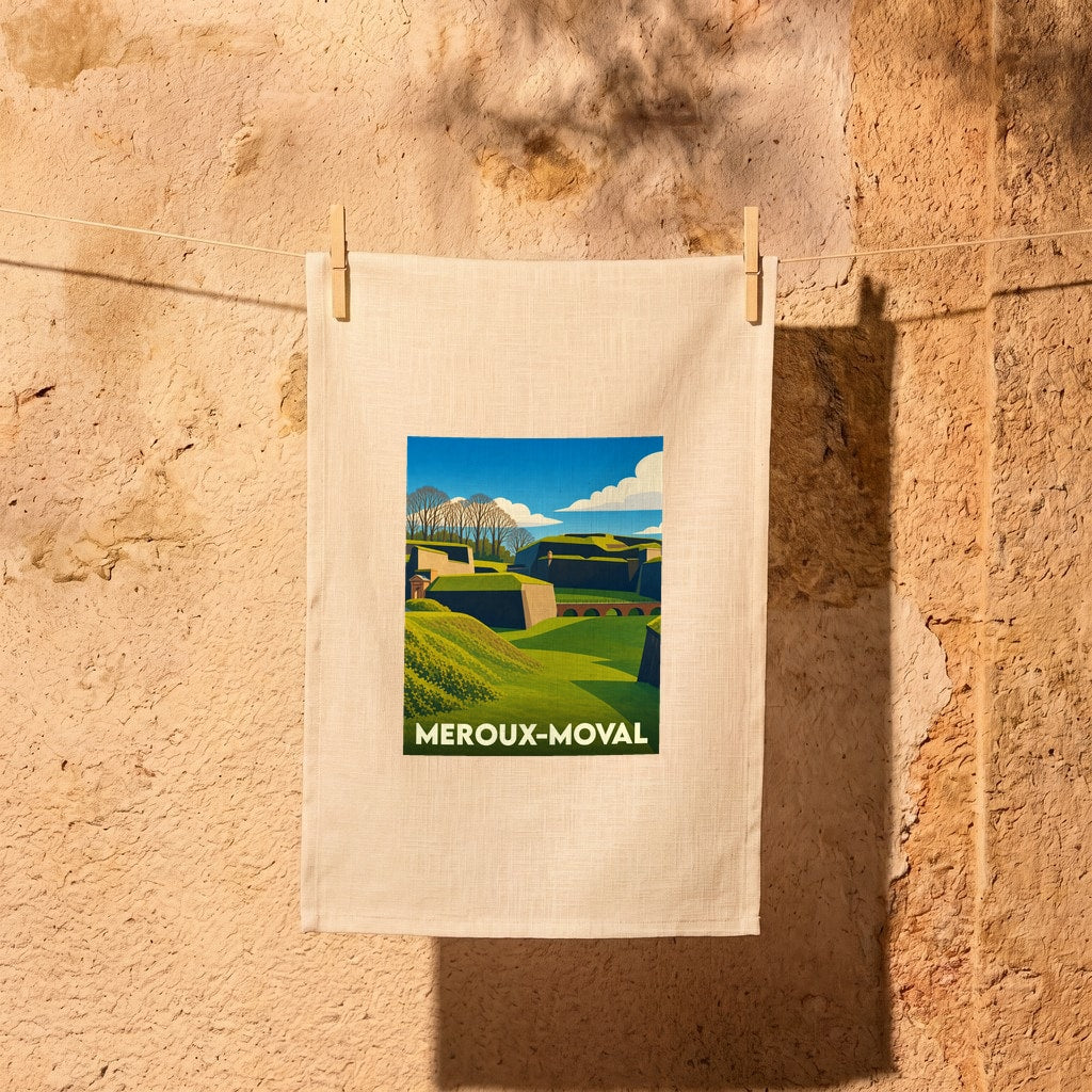 Torchon souvenir de la ville de Meroux-Moval avec une illustration stylisée.