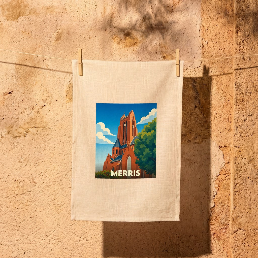 Torchon souvenir de la ville de Merris avec une illustration stylisée d'une église en briques.