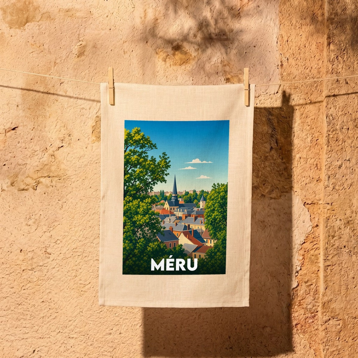 Torchon souvenir de la ville de Méru avec une illustration stylisée de son clocher et de ses toits.