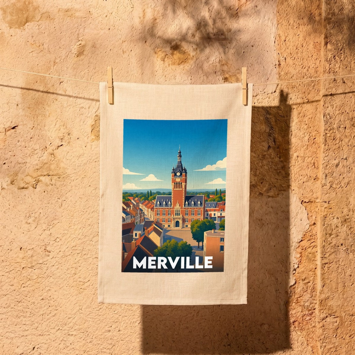 Torchon souvenir de la ville de Merville illustrant son hôtel de ville dans un style graphique rétro.