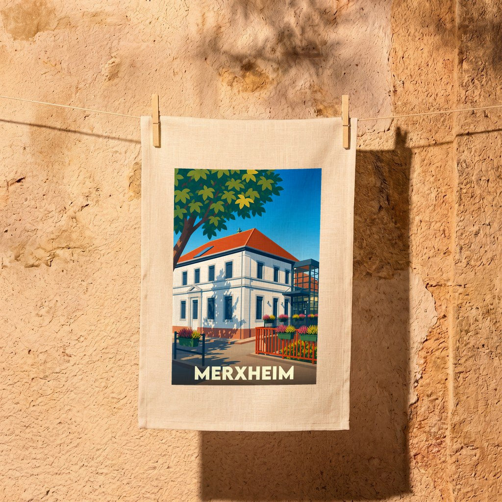 Torchon souvenir de la ville de Merxheim avec une illustration stylisée.