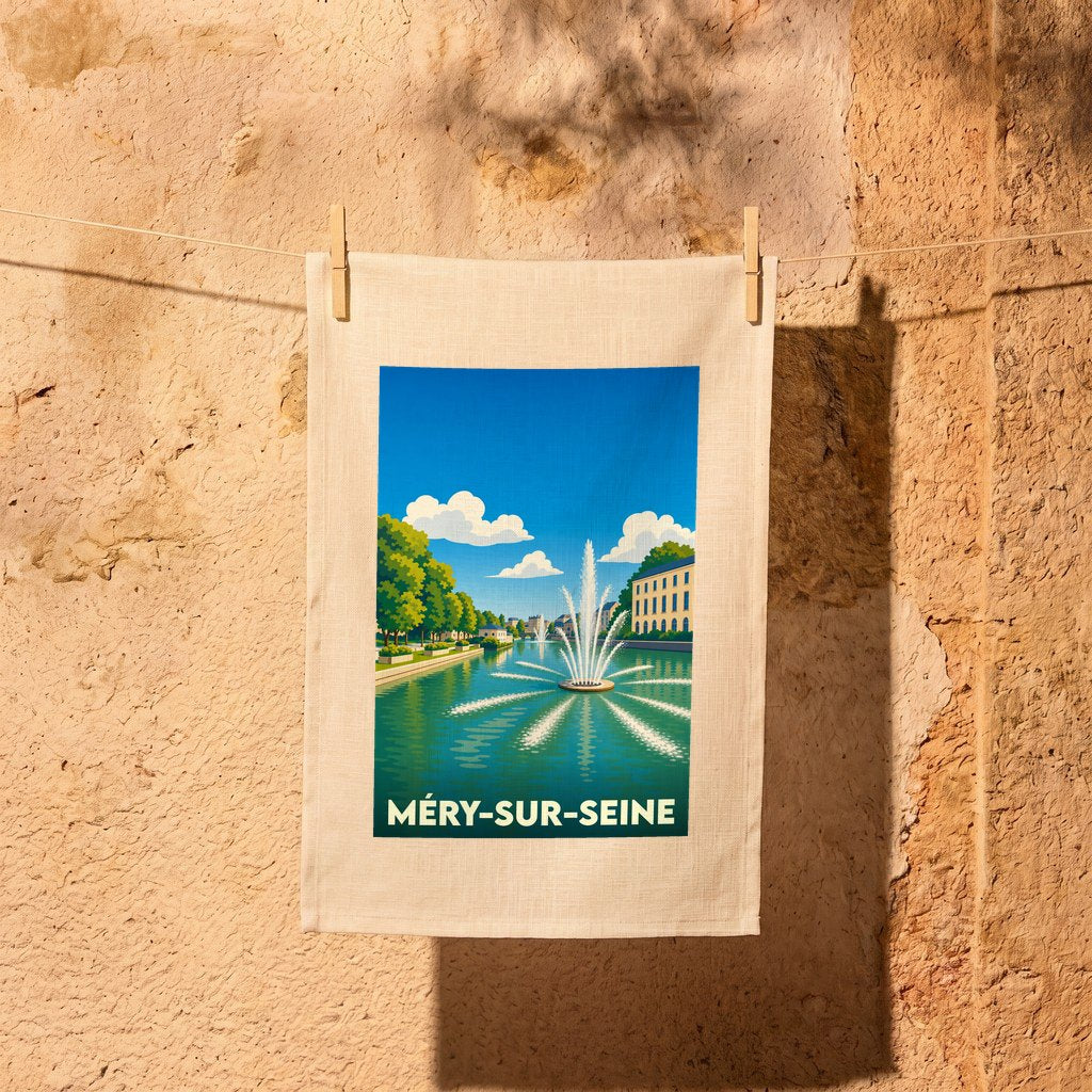 Torchon souvenir de la ville de Méry-sur-Seine avec une illustration stylisée d'un bassin et de son jet d'eau.