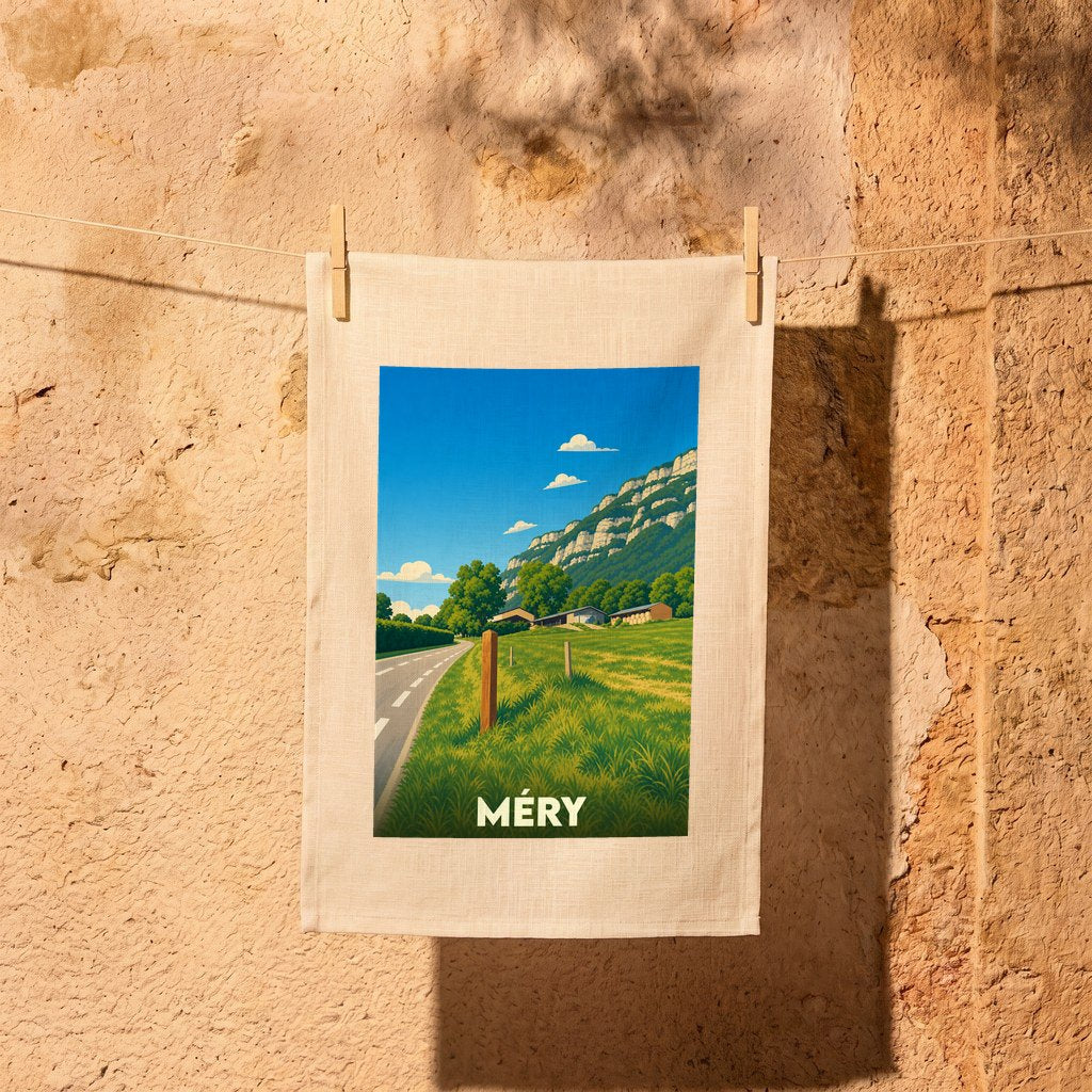 Torchon souvenir de la ville de Méry avec une illustration stylisée d'un paysage de campagne.