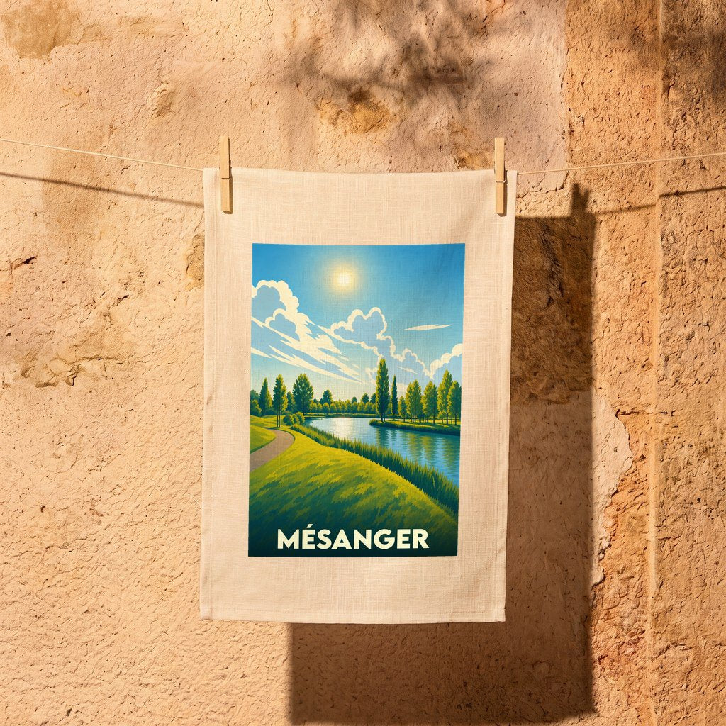 Torchon souvenir de la ville de Mésanger avec une illustration stylisée d'un paysage ensoleillé au bord de l'eau.