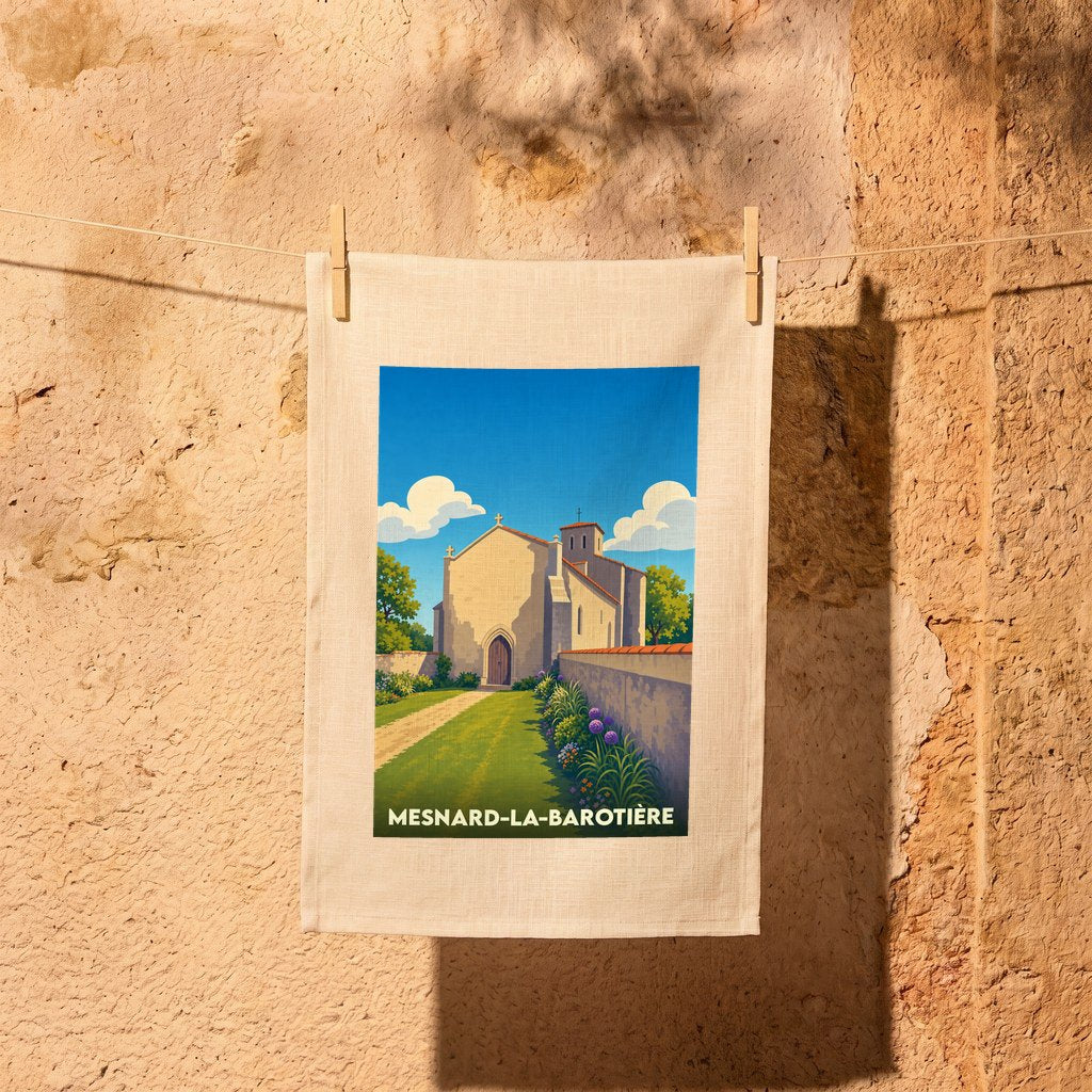 Torchon souvenir de la ville de Mesnard-la-Barotière avec une illustration stylisée de son église.