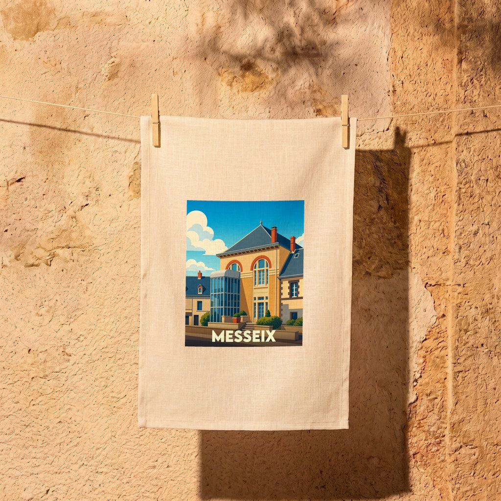 Torchon souvenir de la ville de Messeix orné d'une illustration stylisée de son architecture locale.