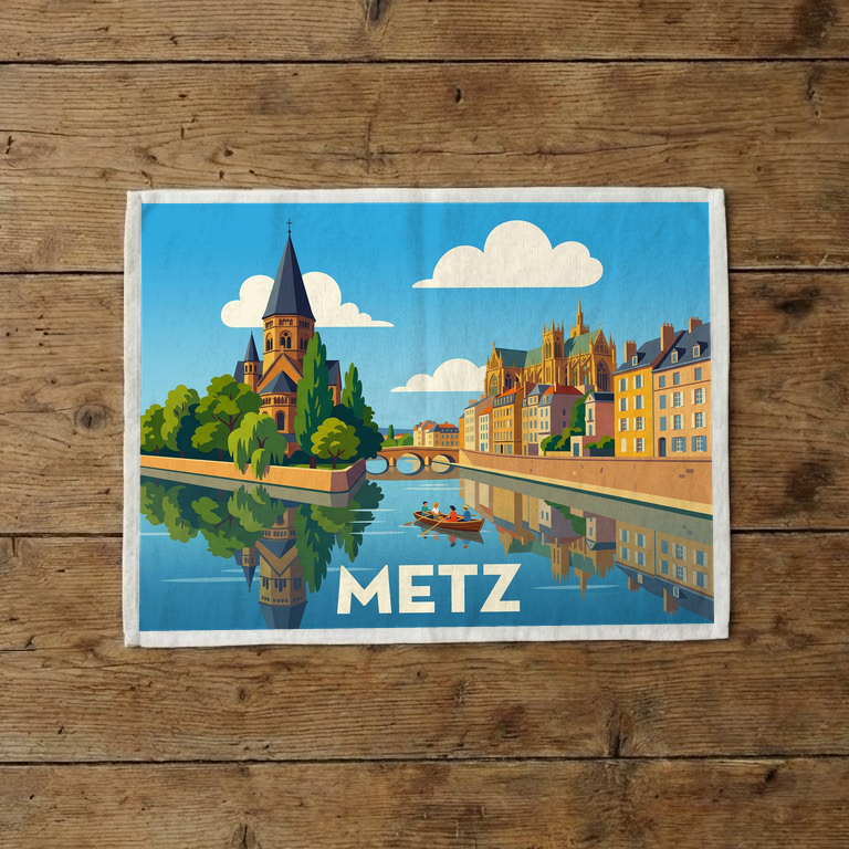 Torchon souvenir de la ville de Metz avec une illustration stylisée.
