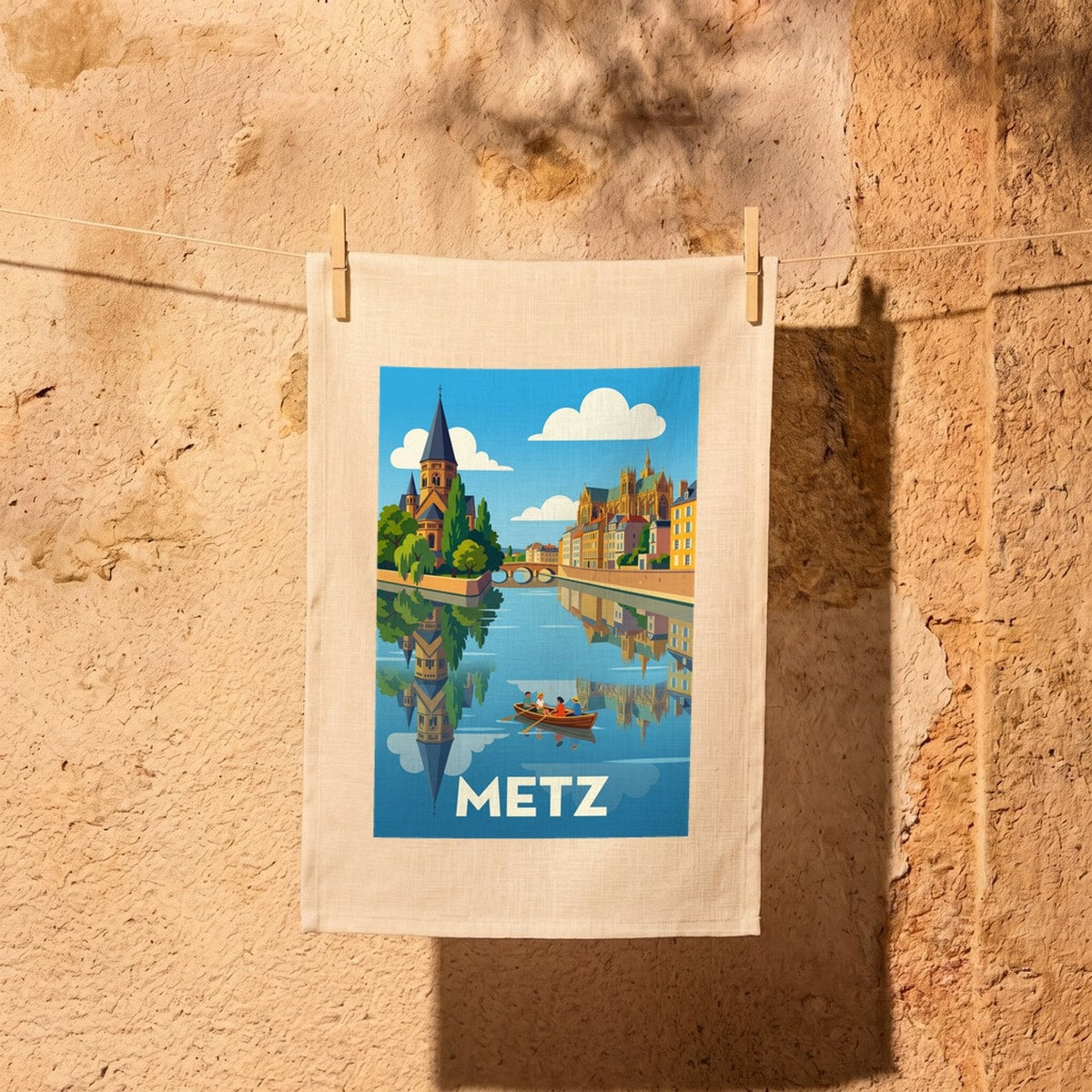 Torchon souvenir de la ville de Metz avec une illustration stylisée.