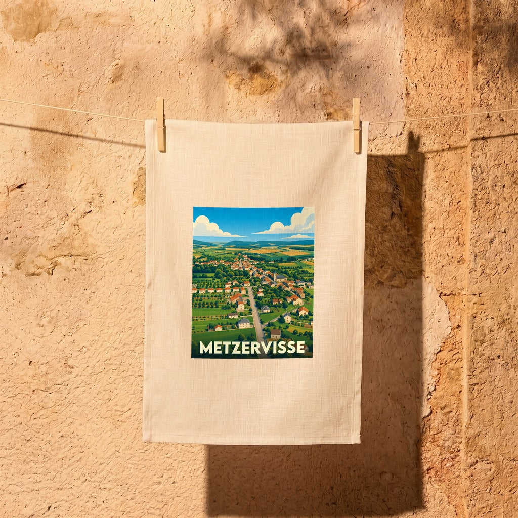 Torchon souvenir de la ville de Metzervisse avec une illustration paysagère stylisée.