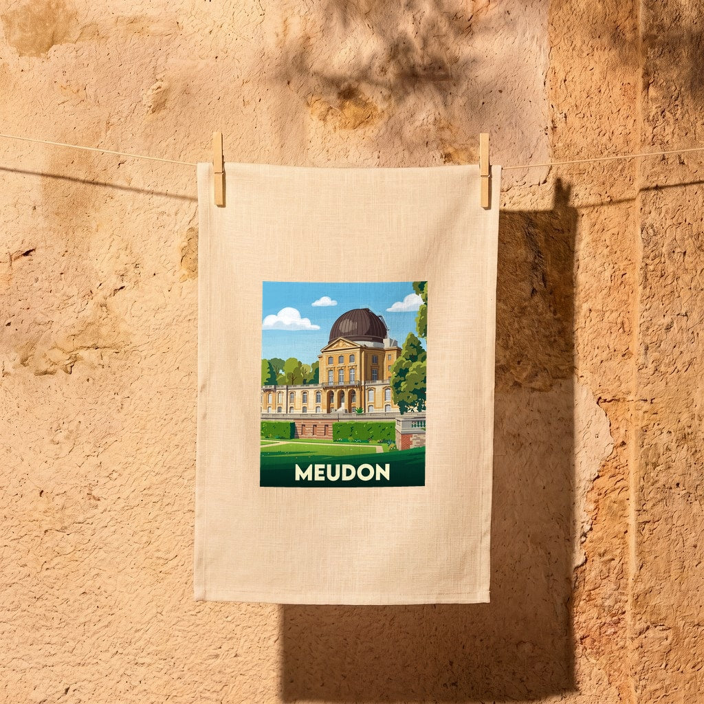 Torchon souvenir de la ville de Meudon avec une illustration stylisée.