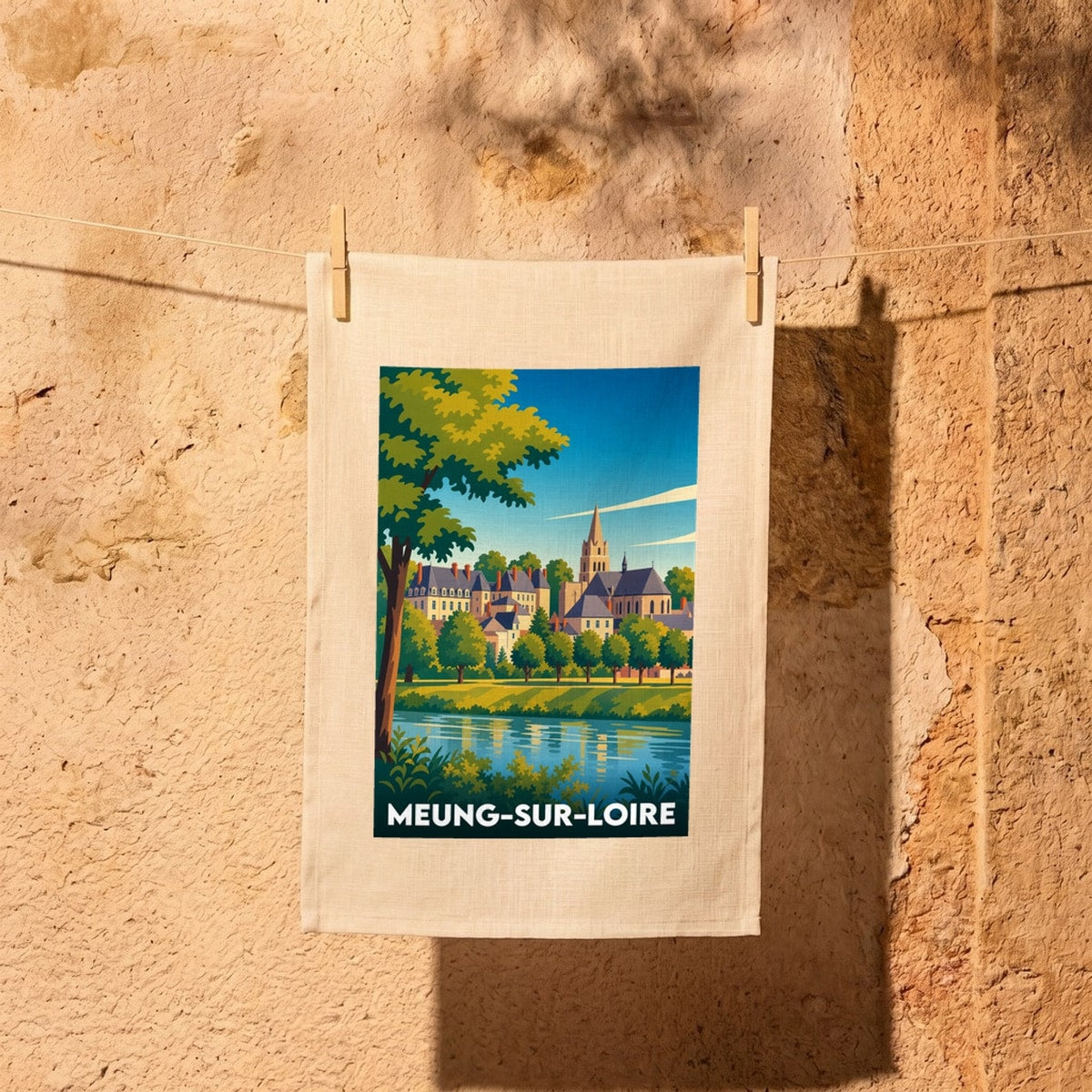 Torchon souvenir de la ville de Meung-sur-Loire avec une illustration stylisée.
