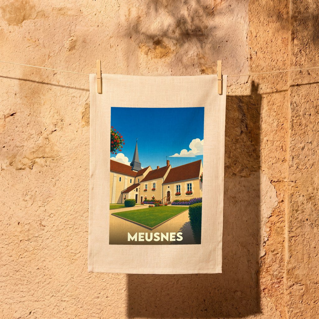 Torchon souvenir de la ville de Meusnes illustré d'un paysage urbain stylisé et coloré.