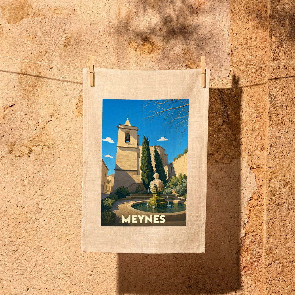 Torchon souvenir de la ville de Meynes avec une illustration stylisée d'une place provençale.