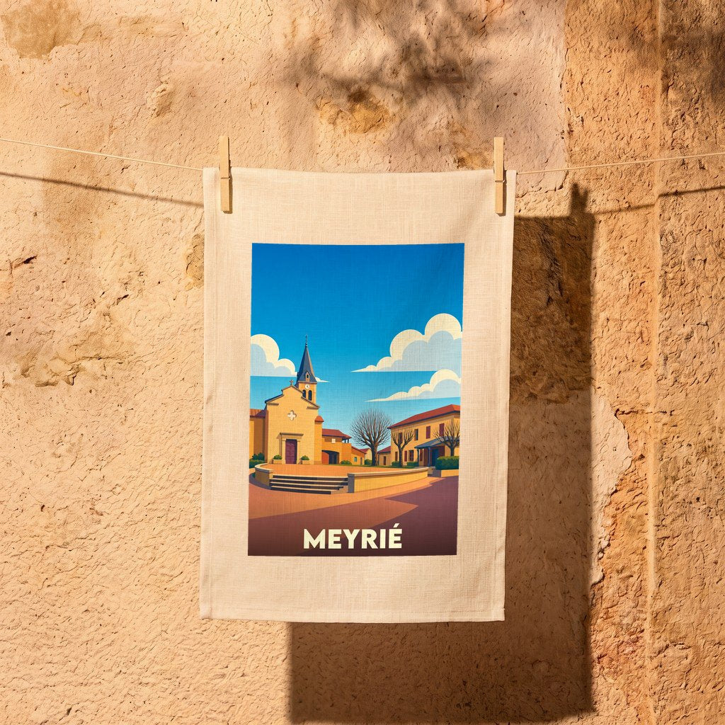 Torchon souvenir de la ville de Meyrié avec une illustration stylisée de son église et de sa place.