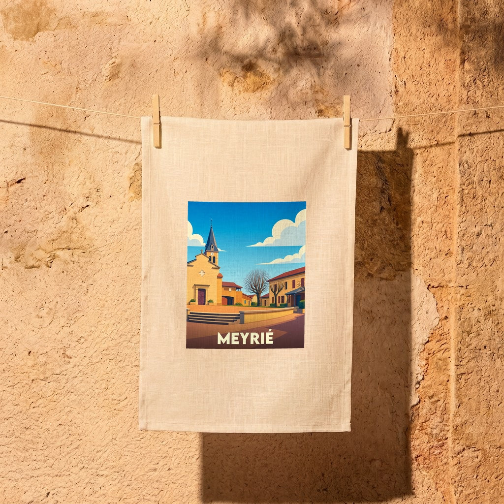 Torchon souvenir de la ville de Meyrié avec une illustration stylisée de son église et de sa place.