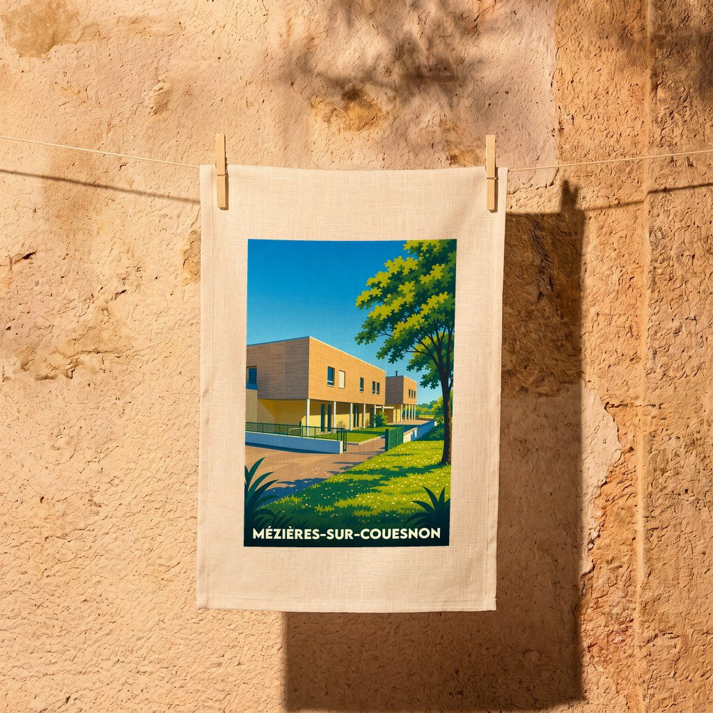 Torchon souvenir de la ville de Mézières-sur-Couesnon avec une illustration stylisée.