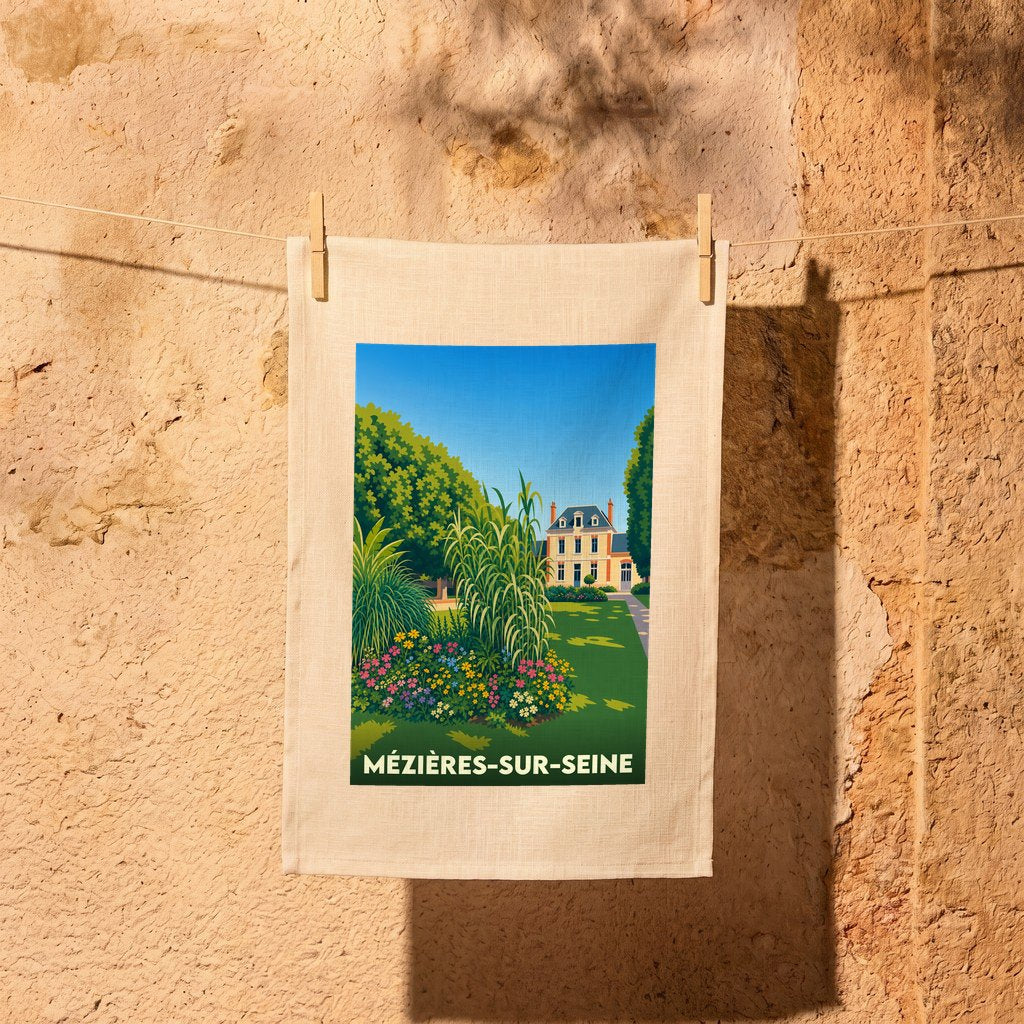 Torchon souvenir de la ville de Mézières-sur-Seine avec une illustration stylisée d'un jardin fleuri et d'une demeure bourgeoise.