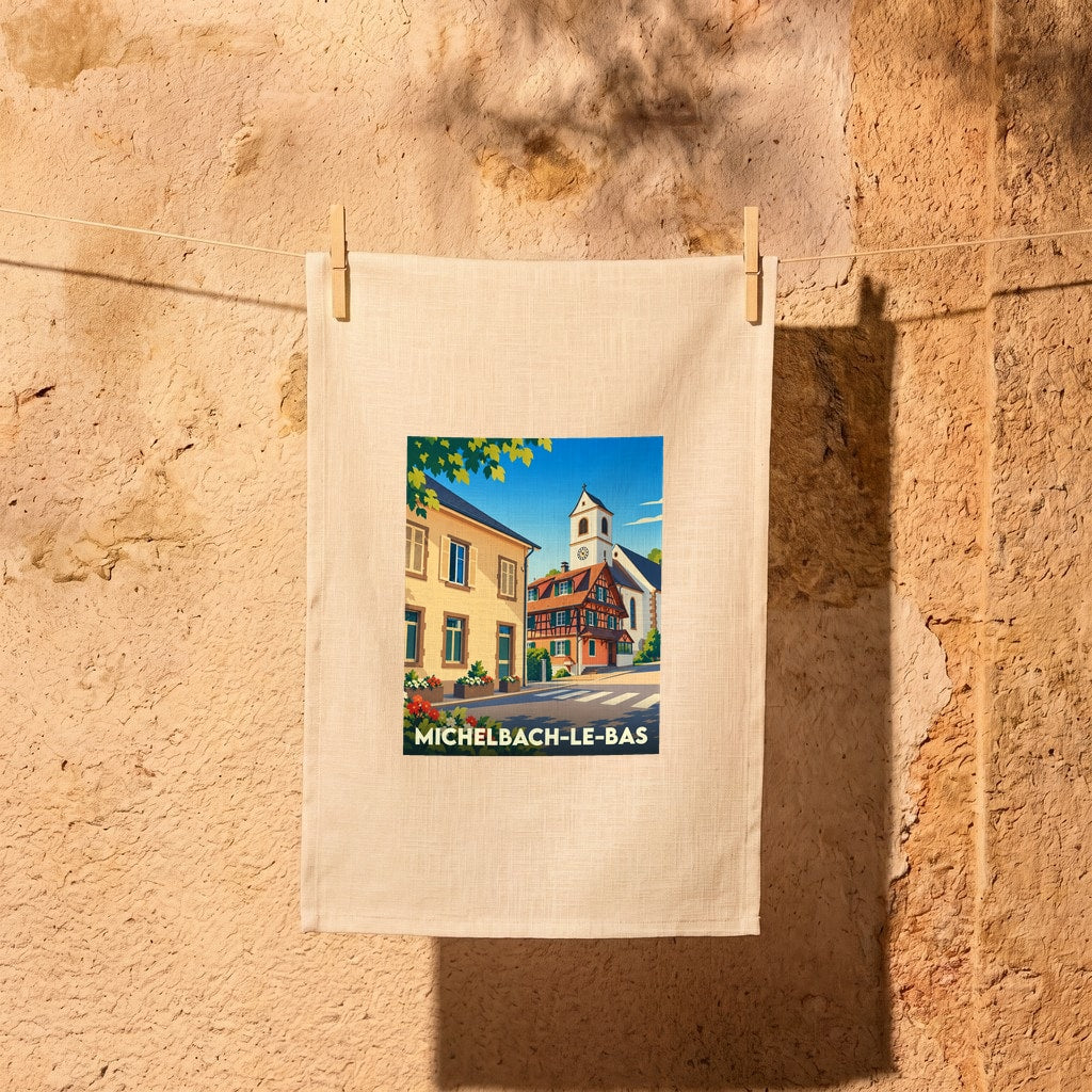 Torchon souvenir de la ville de Michelbach-le-Bas avec une illustration stylisée.