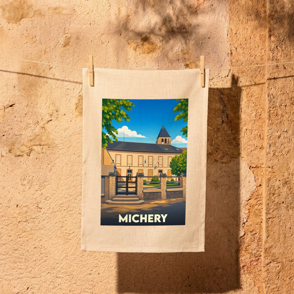 Torchon souvenir de la ville de Michery avec une illustration stylisée de sa mairie et de son église.