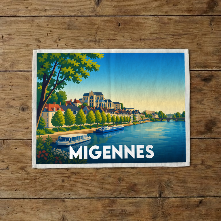 Torchon souvenir de la ville de Migennes avec une illustration stylisée d'un paysage fluvial.