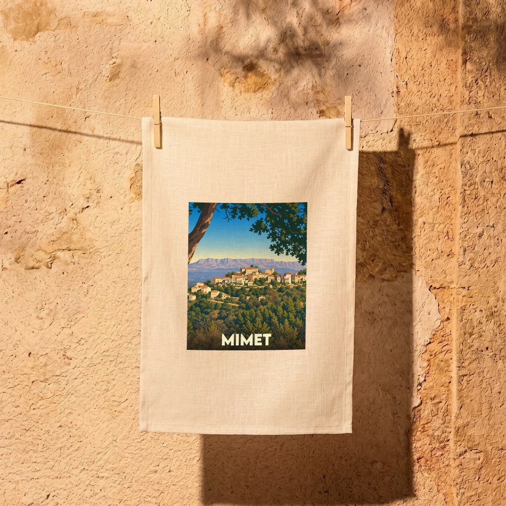 Torchon souvenir de la ville de Mimet avec une illustration stylisée.