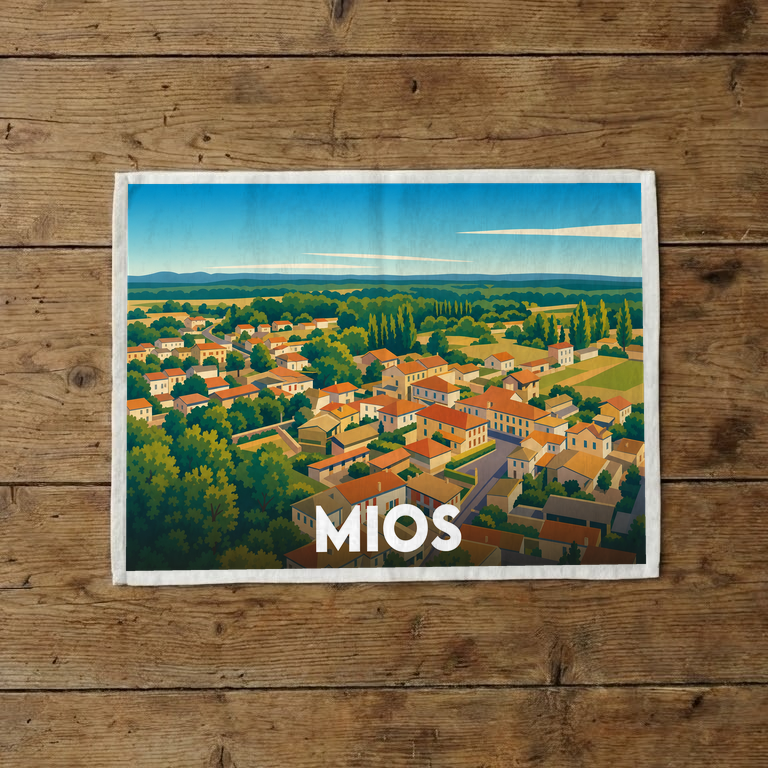 Torchon souvenir de la ville de Mios orné d'une illustration paysagère stylisée.