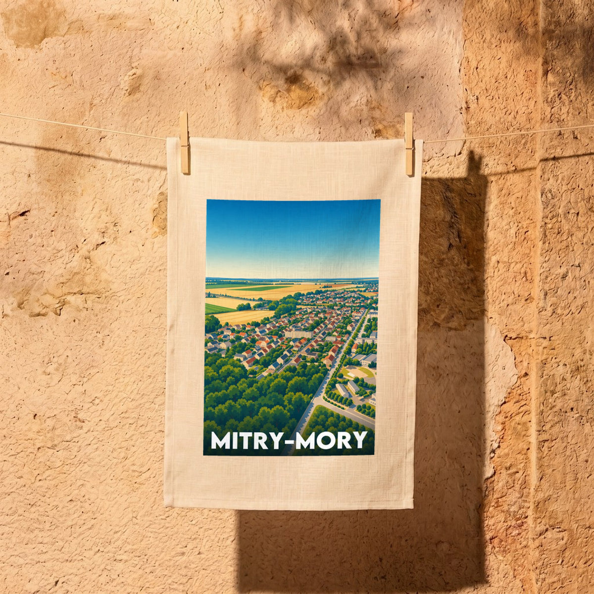 Torchon souvenir de la ville de Mitry-Mory avec une illustration stylisée représentant une vue aérienne.