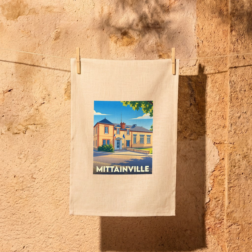 Torchon souvenir de la ville de Mittainville avec une illustration stylisée d'un bâtiment officiel.