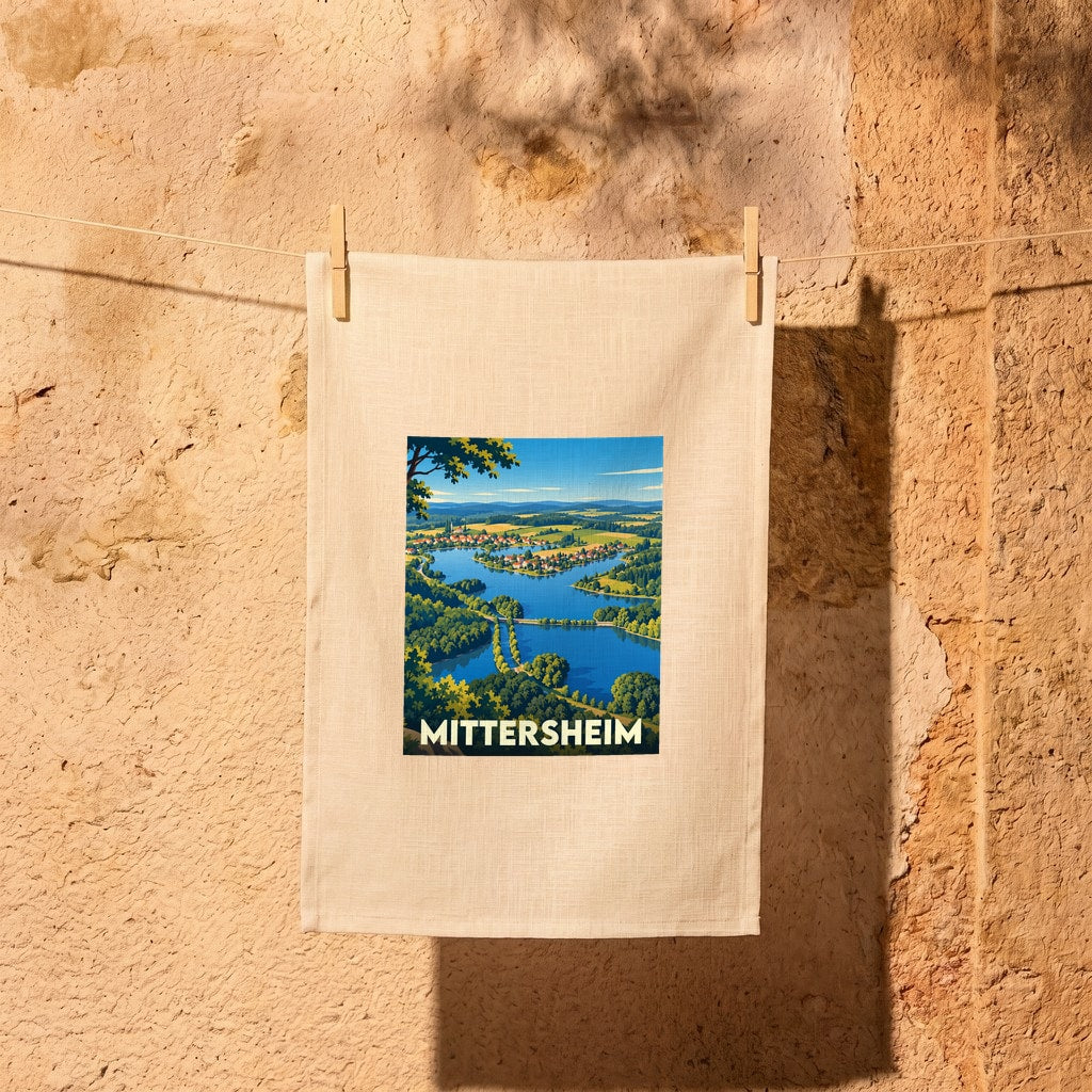 Torchon souvenir de la ville de Mittersheim avec une illustration stylisée.