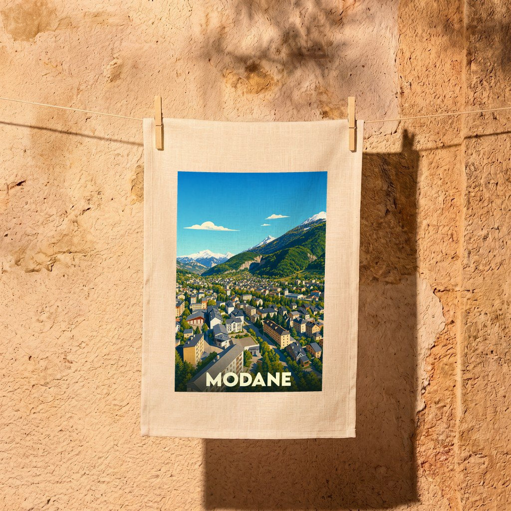 Torchon souvenir de la ville de Modane avec une illustration stylisée de la vallée et des montagnes.