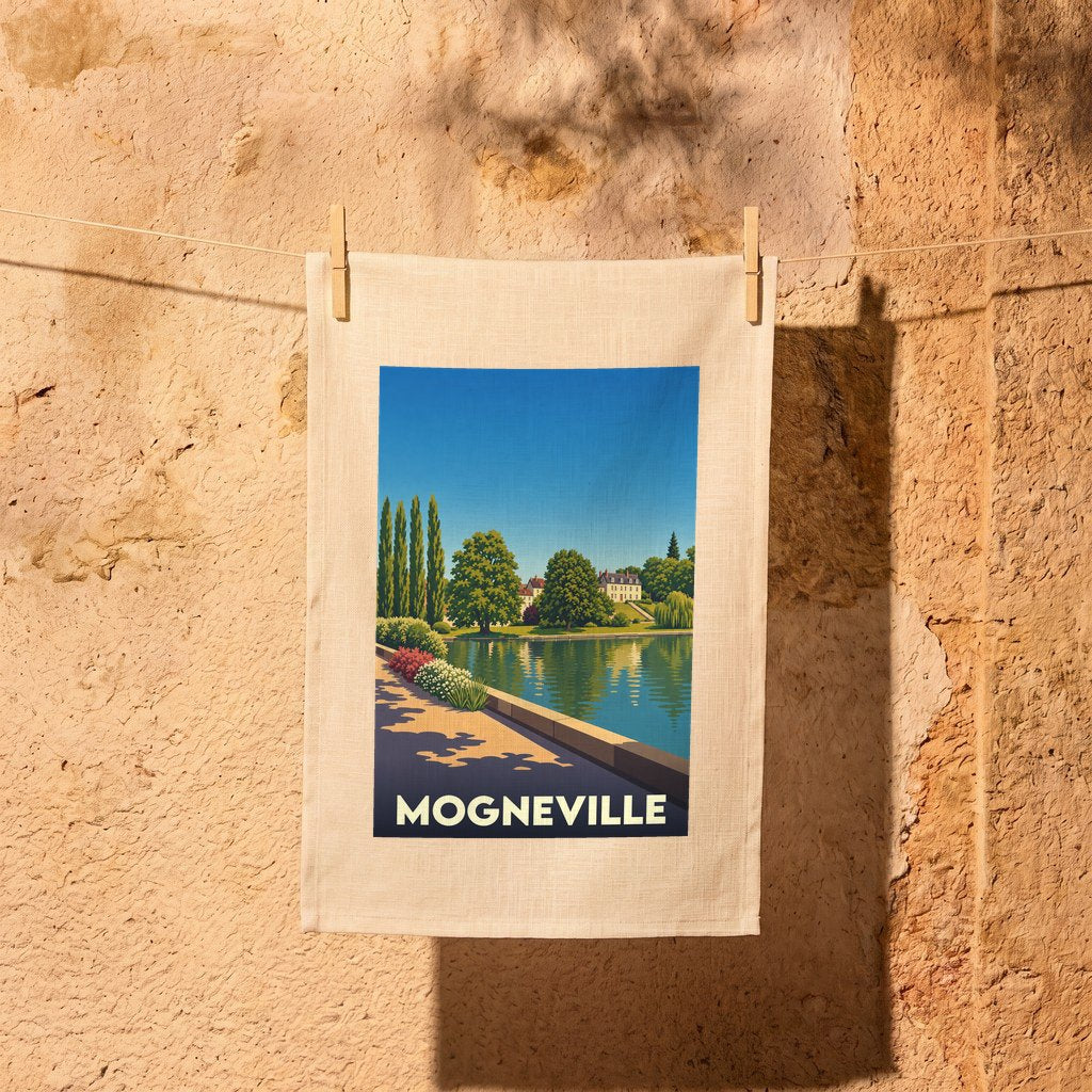 Torchon souvenir de la ville de Mogneville avec une illustration stylisée d'un bord de l'eau.